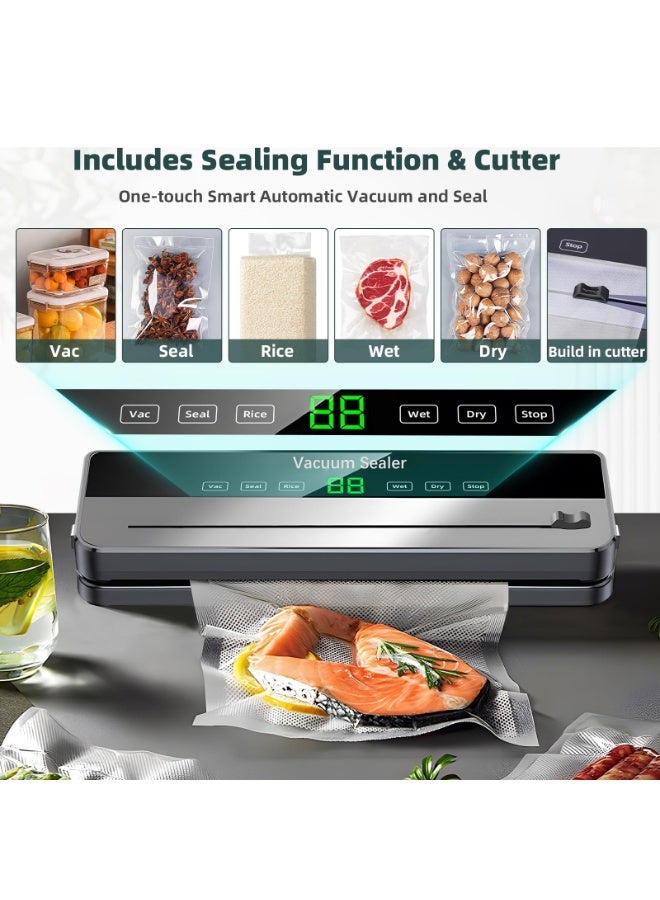 والالا آلة تغليف الطعام المفرغ من الهواء 6 في 1 مع 50 كيسًا وقاطع مدمج، متعددة الوظائف، شفط قوي، غلق تلقائي، أوضاع تجفيف ورطوبة، مثالية للاستخدام في المطبخ المنزلي وتخزين الطعام والطهي بالتفريغ - Image 2