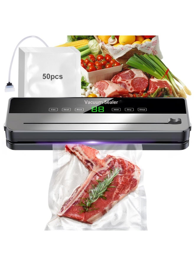 والالا آلة تغليف الطعام المفرغ من الهواء 6 في 1 مع 50 كيسًا وقاطع مدمج، متعددة الوظائف، شفط قوي، غلق تلقائي، أوضاع تجفيف ورطوبة، مثالية للاستخدام في المطبخ المنزلي وتخزين الطعام والطهي بالتفريغ - Image 1