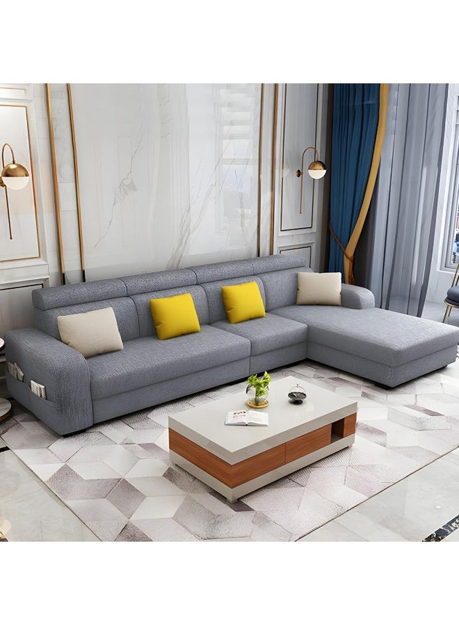 Poppins Home Stylish Retro 4-Seater Sofa with Chaise Lounge  Square Arm Design in Premium Fabric Upholstery (Light Grey, LEFT BED) - Image 1