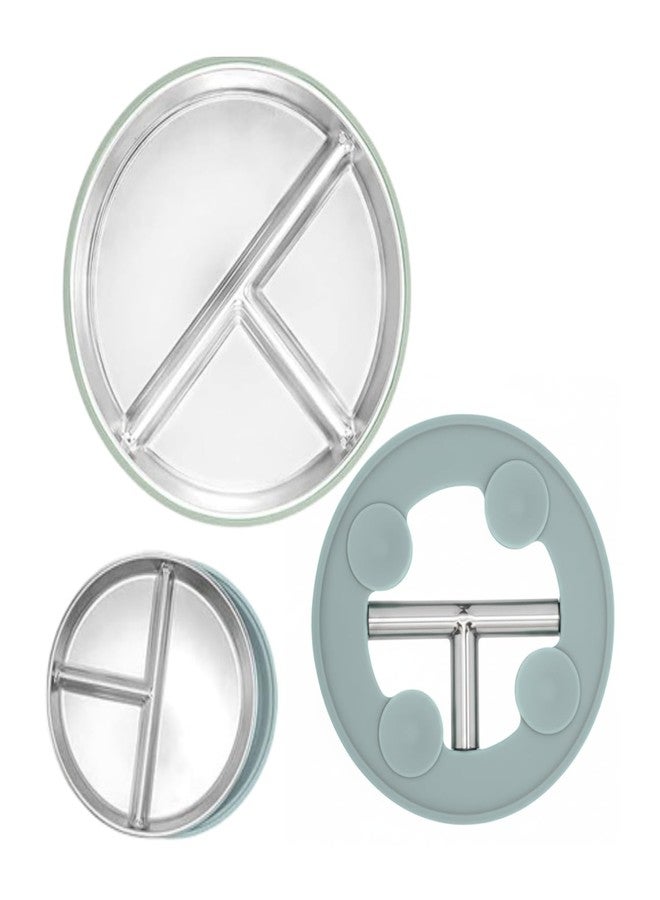 RENVA Stainless Steel Kids Plates Suction Plate for Baby,Divided Toddler Plates with Removable Silicone Sleeves for Mess-Free Feeding, Non-Toxic, Non-Slip (Grey, 1 Plate)