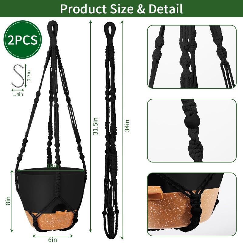 GARDIFE 10 Inch Hanging Planters with Macrame Plant Hanger for Indoor and Outdoor Plants, 2 Pack Large Self Watering Hanging Plant Pot with Basket Flower Pot with Drainage Hole, Black - Image 2
