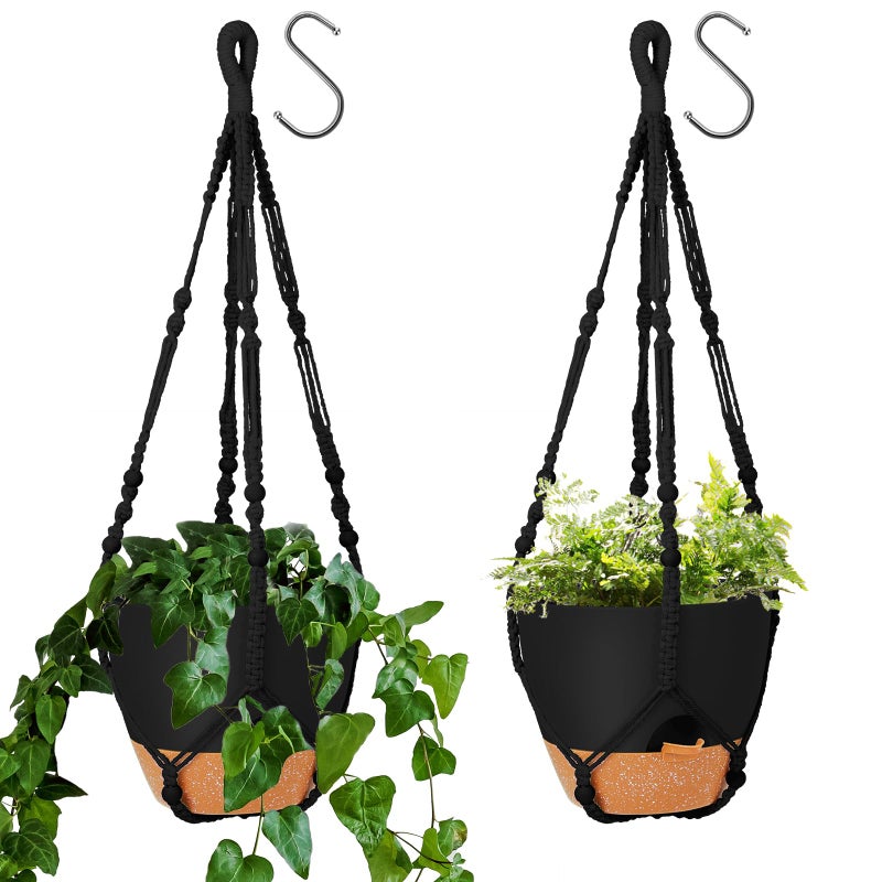 GARDIFE 10 Inch Hanging Planters with Macrame Plant Hanger for Indoor and Outdoor Plants, 2 Pack Large Self Watering Hanging Plant Pot with Basket Flower Pot with Drainage Hole, Black - Image 1