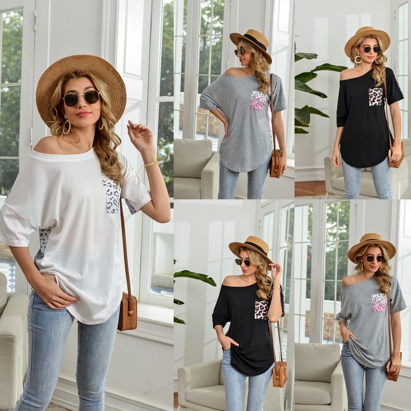 2021 summer new products Europe and the United States wish leopard print stitching pocket short-sleeved loose printing round neck T-shirt women white M - Image 2