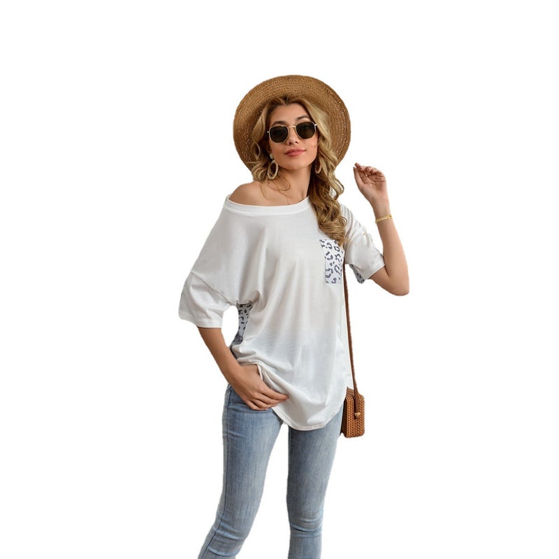 2021 summer new products Europe and the United States wish leopard print stitching pocket short-sleeved loose printing round neck T-shirt women white M - Image 5
