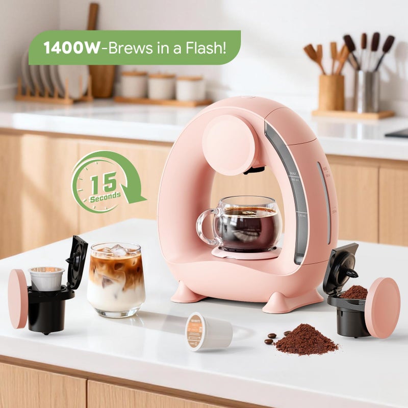 BENFUCHEN صانعة القهوة الفردية BENFUCHEN، 2 في 1 ماكينة قهوة كوب واحد متوافقة مع كبسولات K-Cup و القهوة المطحونة/الشاي، تصميم مدمج، 4-8 أونص، وردي - Image 2
