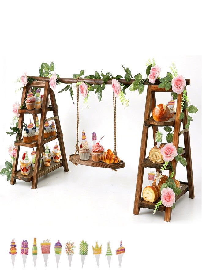 Yimerlen Wooden Cupcake Stand, 3 Tier Dessert Display Serving Tray with Swing and Flower Decoration, Foldable Tiered Ladders Stand for Party, Birthday, Wedding, Baby Shower, Table Food Display for Fruit Bread - Image 1