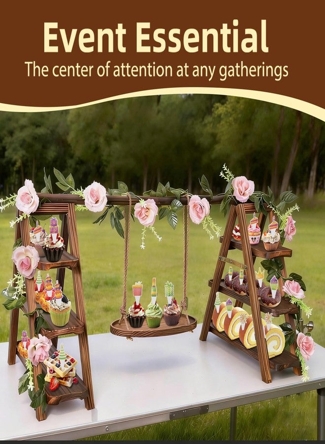 Yimerlen Wooden Cupcake Stand, 3 Tier Dessert Display Serving Tray with Swing and Flower Decoration, Foldable Tiered Ladders Stand for Party, Birthday, Wedding, Baby Shower, Table Food Display for Fruit Bread - Image 2