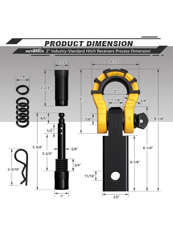 AUTMATCH Shackle Hitch Receiver 2" with 3/4" Mega D Ring Shackle and 5/8" Trailer Hitch Lock Pin, 68,000 Lbs Break Strength Heavy Duty Receiver Towing Kit for Off-Road Vehicle Recovery, Black & Yellow - Image 3