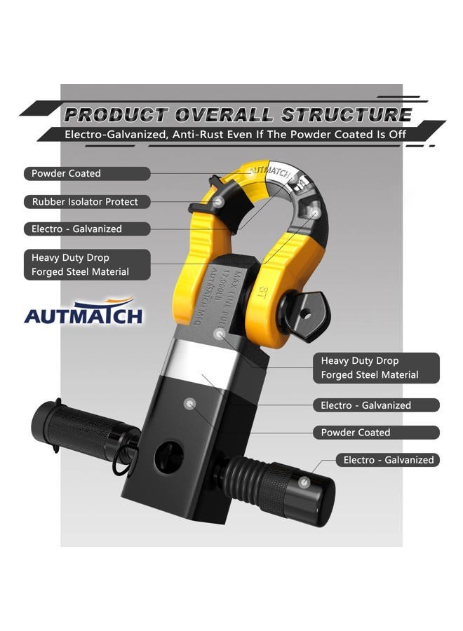 AUTMATCH Shackle Hitch Receiver 2" with 3/4" Mega D Ring Shackle and 5/8" Trailer Hitch Lock Pin, 68,000 Lbs Break Strength Heavy Duty Receiver Towing Kit for Off-Road Vehicle Recovery, Black & Yellow - Image 4