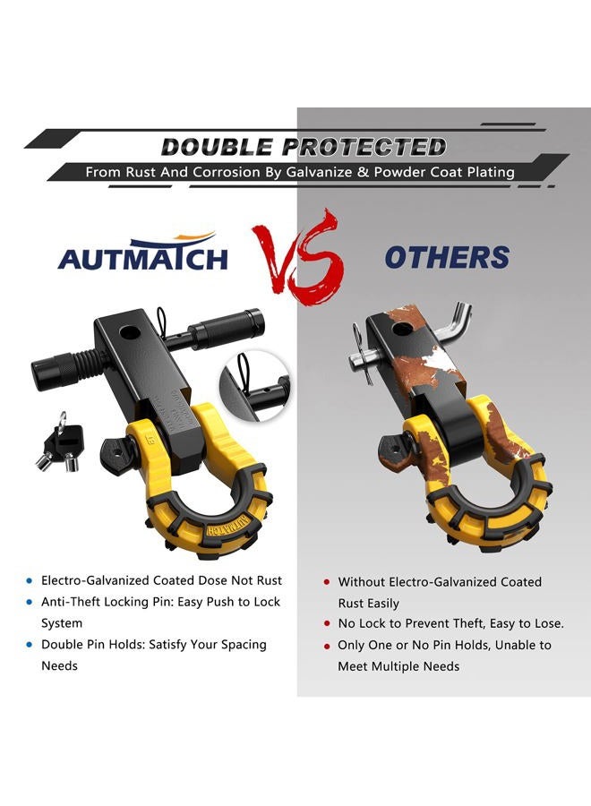 AUTMATCH Shackle Hitch Receiver 2" with 3/4" Mega D Ring Shackle and 5/8" Trailer Hitch Lock Pin, 68,000 Lbs Break Strength Heavy Duty Receiver Towing Kit for Off-Road Vehicle Recovery, Black & Yellow - Image 5