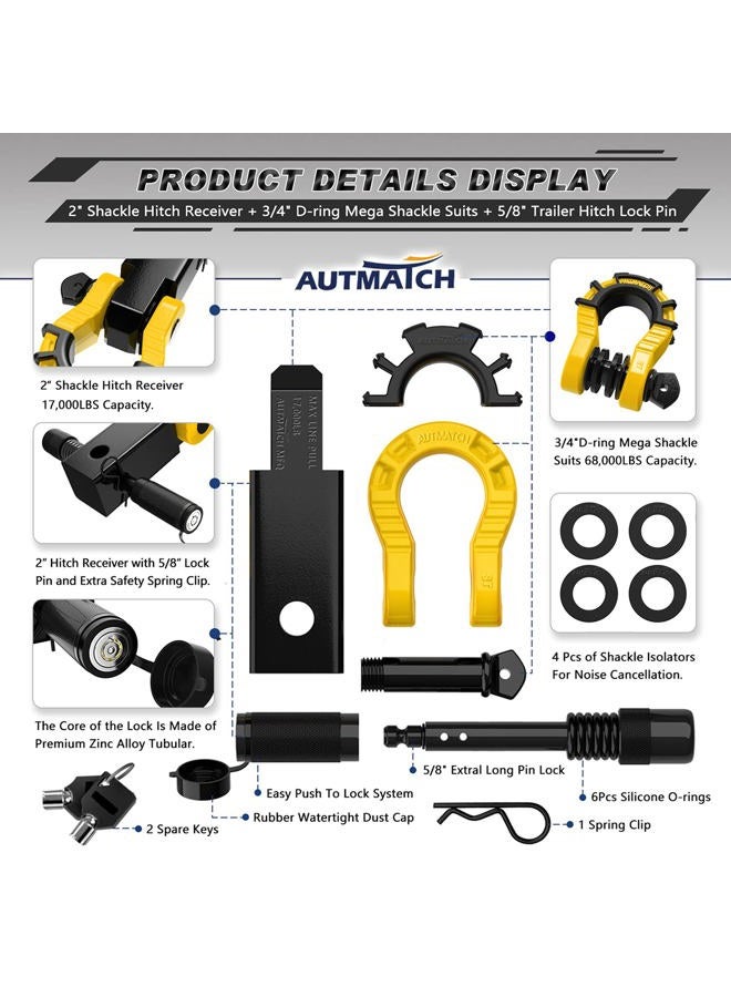 AUTMATCH Shackle Hitch Receiver 2" with 3/4" Mega D Ring Shackle and 5/8" Trailer Hitch Lock Pin, 68,000 Lbs Break Strength Heavy Duty Receiver Towing Kit for Off-Road Vehicle Recovery, Black & Yellow - Image 2