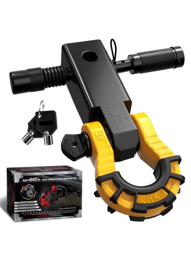 AUTMATCH Shackle Hitch Receiver 2" with 3/4" Mega D Ring Shackle and 5/8" Trailer Hitch Lock Pin, 68,000 Lbs Break Strength Heavy Duty Receiver Towing Kit for Off-Road Vehicle Recovery, Black & Yellow - Image 1