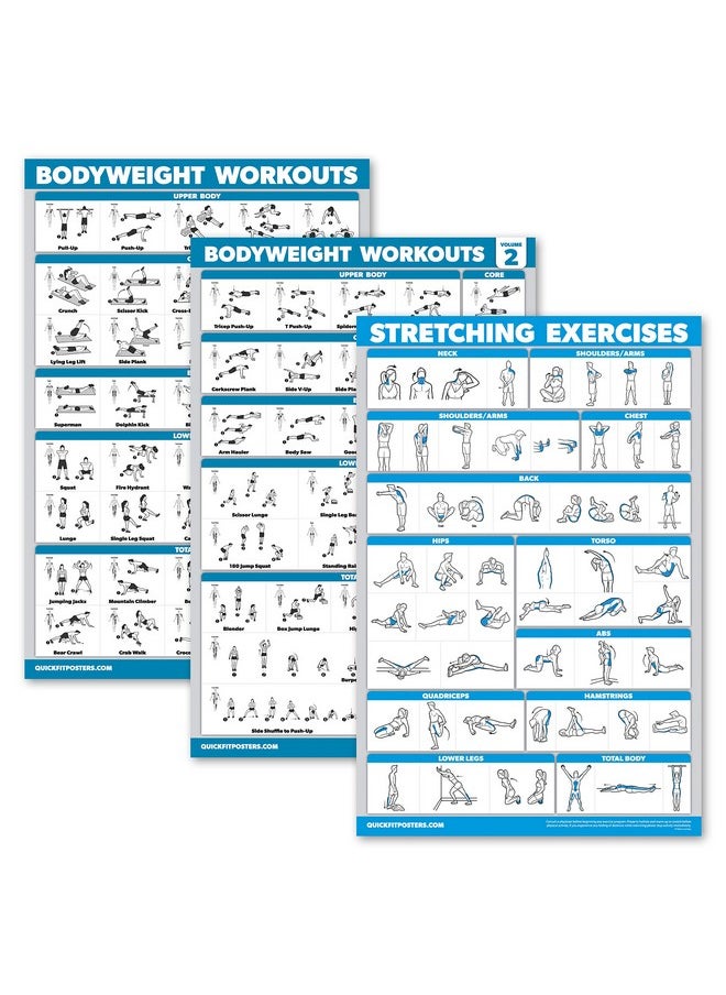 Palace Learning Learning 3 Pack: Bodyweight Workout Posters Volume 1 & 2 + Stretching Exercises Poster Set - Set Of 3 Workout Charts (Laminated, 18" X 24")  - Image 1