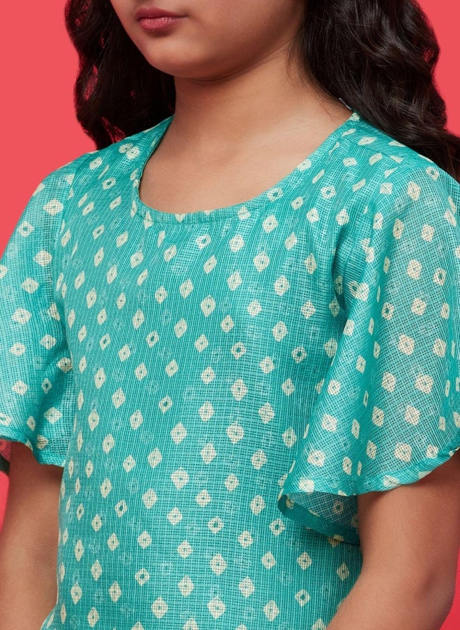 أيه كيه إس طقم كورتا مطبوع بنقشة بانداني للبنات مع دوباتا - Image 2