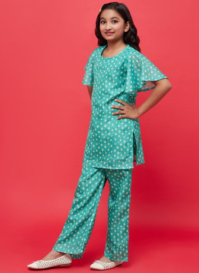 أيه كيه إس طقم كورتا مطبوع بنقشة بانداني للبنات مع دوباتا - Image 5