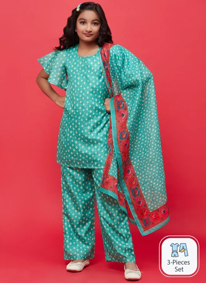 AKS Girls Bandhani Printed Kurta Set with Dupatta