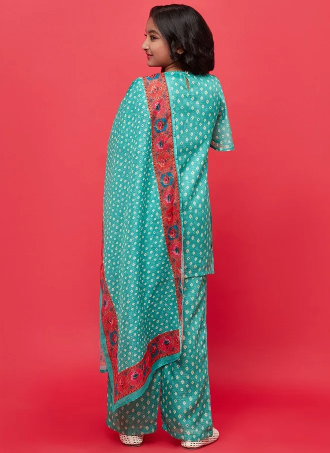 AKS Girls Bandhani Printed Kurta Set with Dupatta