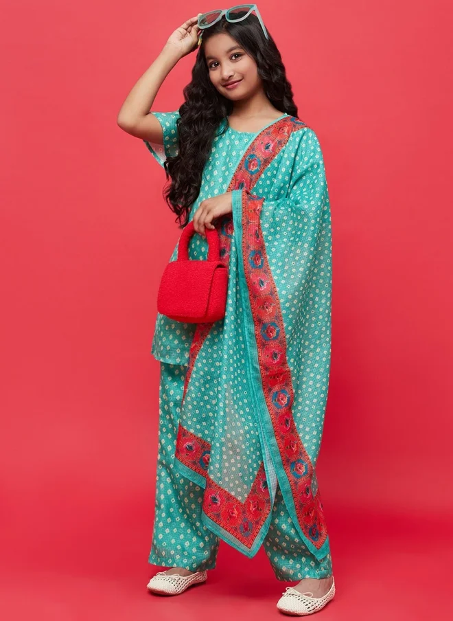 AKS Girls Bandhani Printed Kurta Set with Dupatta