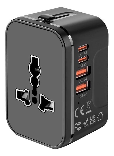 Universal Travel Adapter with 2 PD20W USB-C & 2 QC18W USB-A Ports, Fast Charging International Power Plug Adapter, All-in-One Worldwide Adaptor Converter Wall Charger for US EU UK AUS Asia（Black）