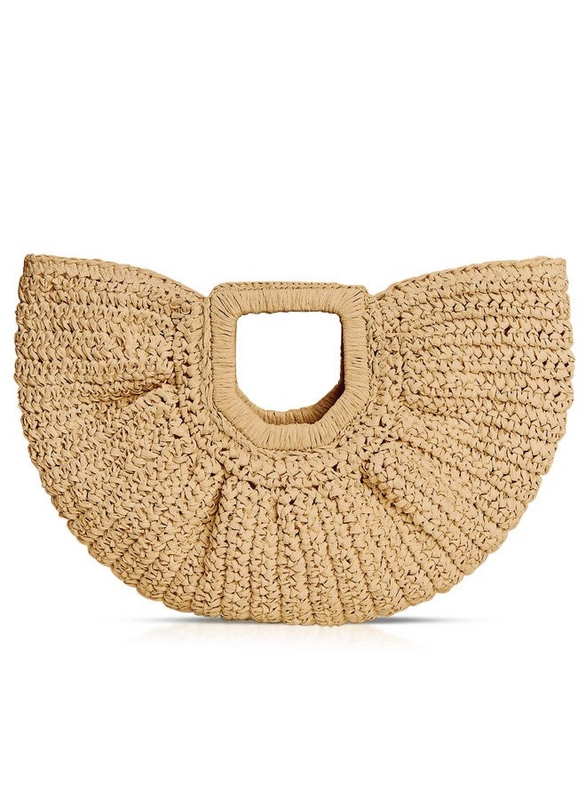QTKJ Straw Bag Beach Bags For Women Semicircular Woven Beach Hand Bag Handmade Rattan Handbag For Vacation Travel Daily (Khaki) - Image 1