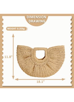 QTKJ Straw Bag Beach Bags For Women Semicircular Woven Beach Hand Bag Handmade Rattan Handbag For Vacation Travel Daily (Khaki)  - Image 2