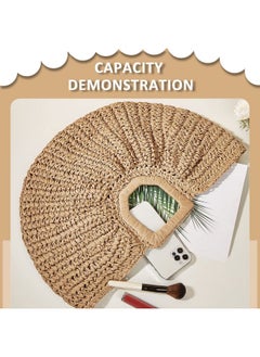 QTKJ Straw Bag Beach Bags For Women Semicircular Woven Beach Hand Bag Handmade Rattan Handbag For Vacation Travel Daily (Khaki)  - Image 3