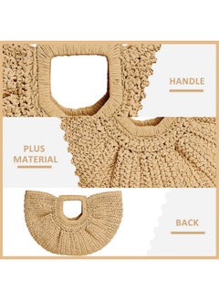 QTKJ Straw Bag Beach Bags For Women Semicircular Woven Beach Hand Bag Handmade Rattan Handbag For Vacation Travel Daily (Khaki)  - Image 4