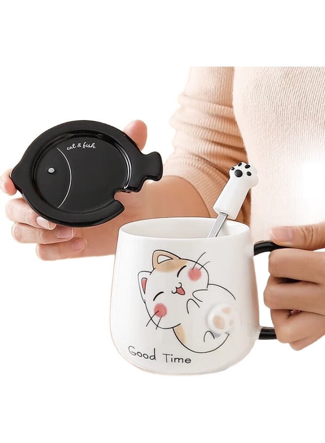 Pinyu Mug, Coffee Cup, Ceramic Cup, Aesthetically Pleasing Water Cup, Large Capacity With Lid And Spoon For Home Use, Brewing Cup, Little Yellow Cat Design - Image 1