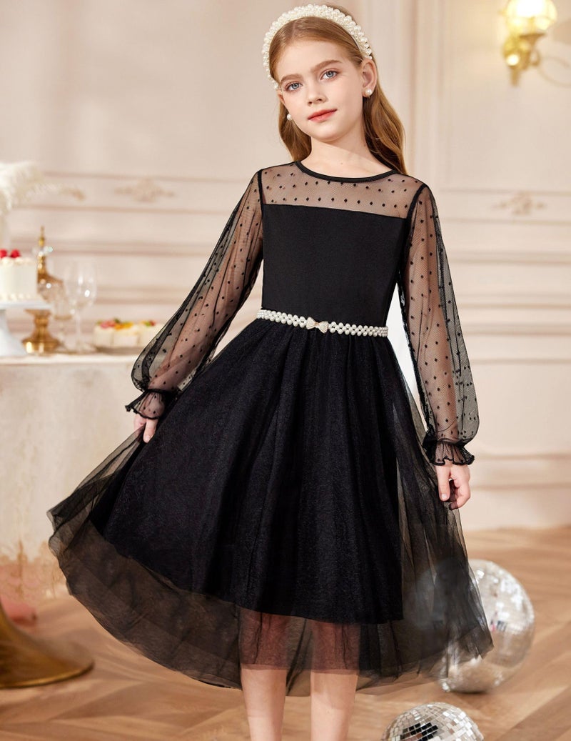 Arshiner Black Dress for Tween Girls Mesh Fall Long Sleeve Formal High Low Dresses Size 12-14 - Image 5