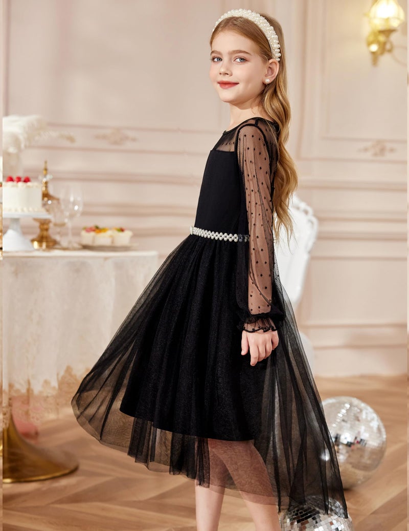 Arshiner Black Dress for Tween Girls Mesh Fall Long Sleeve Formal High Low Dresses Size 12-14 - Image 3