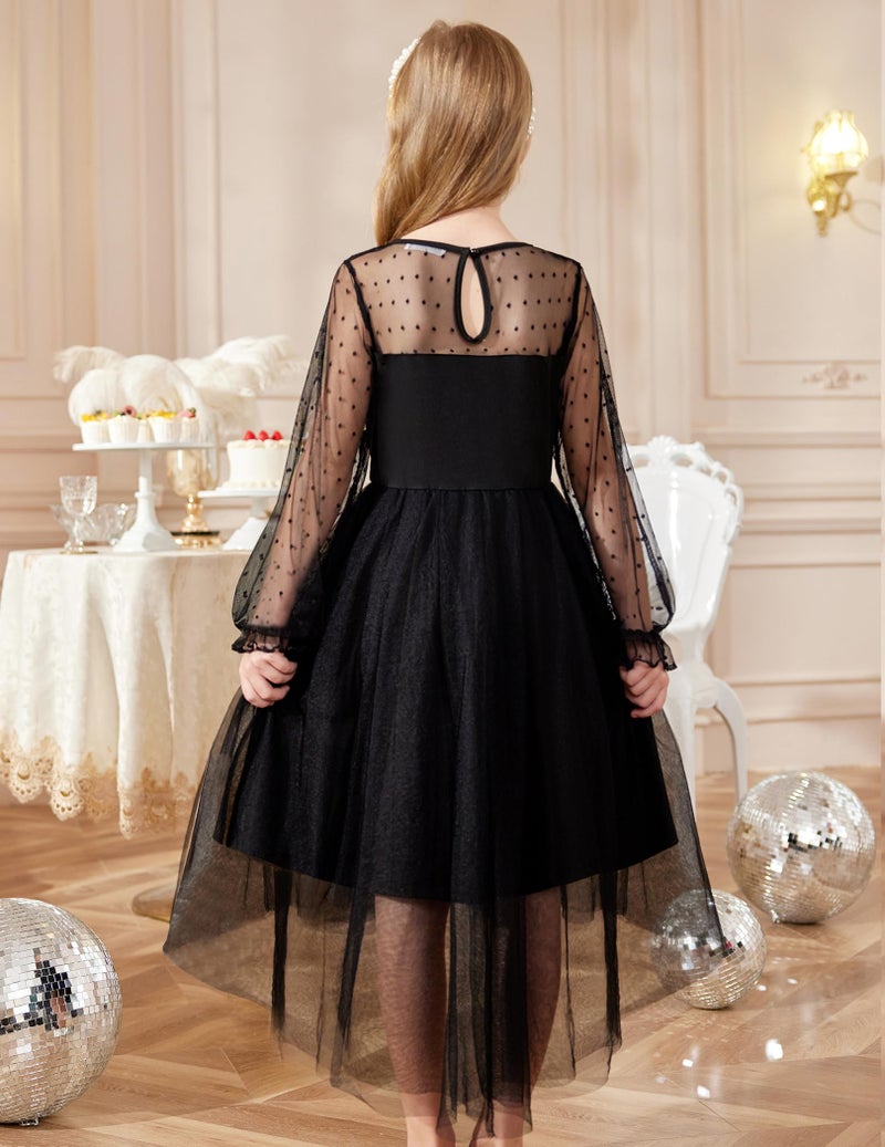 Arshiner Black Dress for Tween Girls Mesh Fall Long Sleeve Formal High Low Dresses Size 12-14 - Image 4