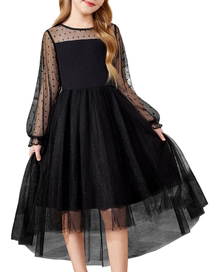 Arshiner Black Dress for Tween Girls Mesh Fall Long Sleeve Formal High Low Dresses Size 12-14 - Image 1