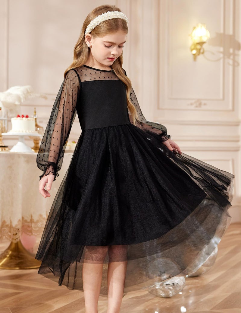 Arshiner Black Dress for Tween Girls Mesh Fall Long Sleeve Formal High Low Dresses Size 12-14 - Image 2