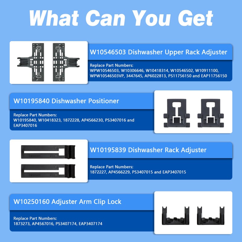 Funmit Upgraded WPW10546503 Dishwasher Top Rack Adjuster Compatible with Kitcheneaid Dishwasher Parts Upper Rack, Includes W10546503 W10195840 W10195839 W10250160 Part for Whirlpool kenmore Dishwasher, 8 PCS - Image 5
