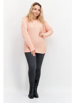Zero Women Round Neck Long Sleeve Ribbed Sweater, Orange  - Image 3