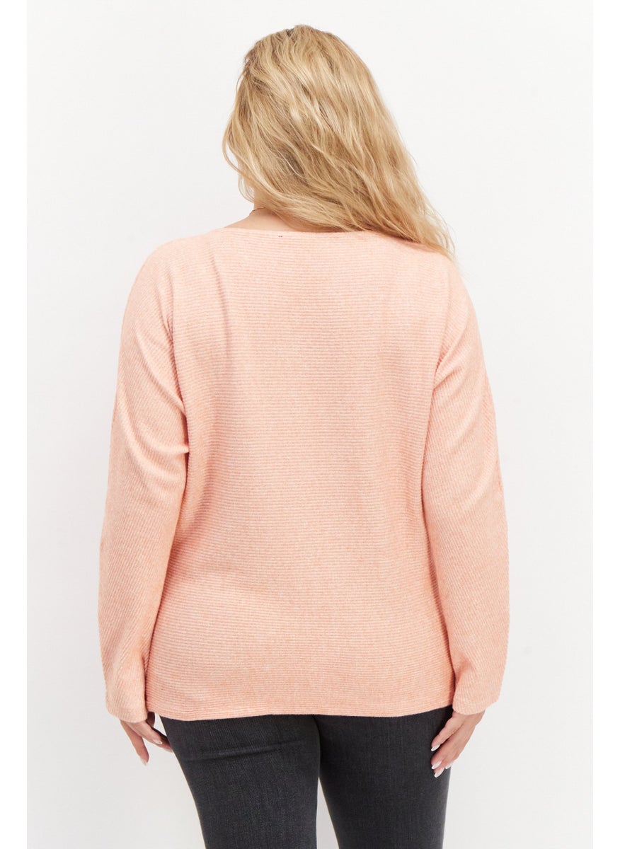 Zero Women Round Neck Long Sleeve Ribbed Sweater, Orange  - Image 2