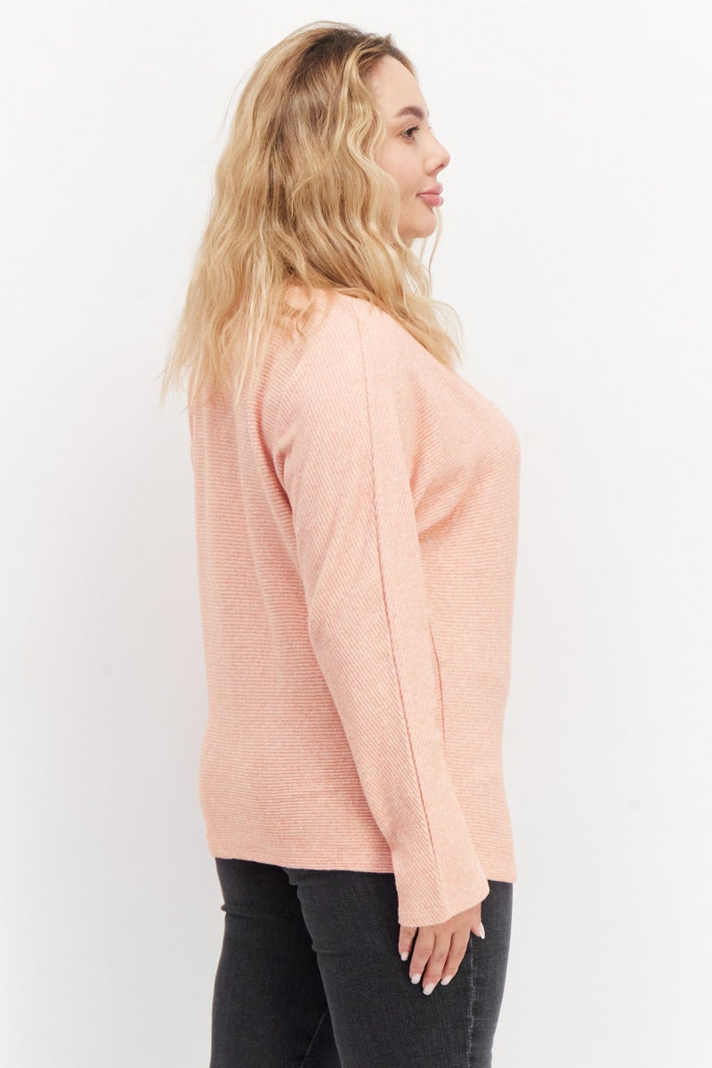 Zero Women Round Neck Long Sleeve Ribbed Sweater, Orange - Image 2