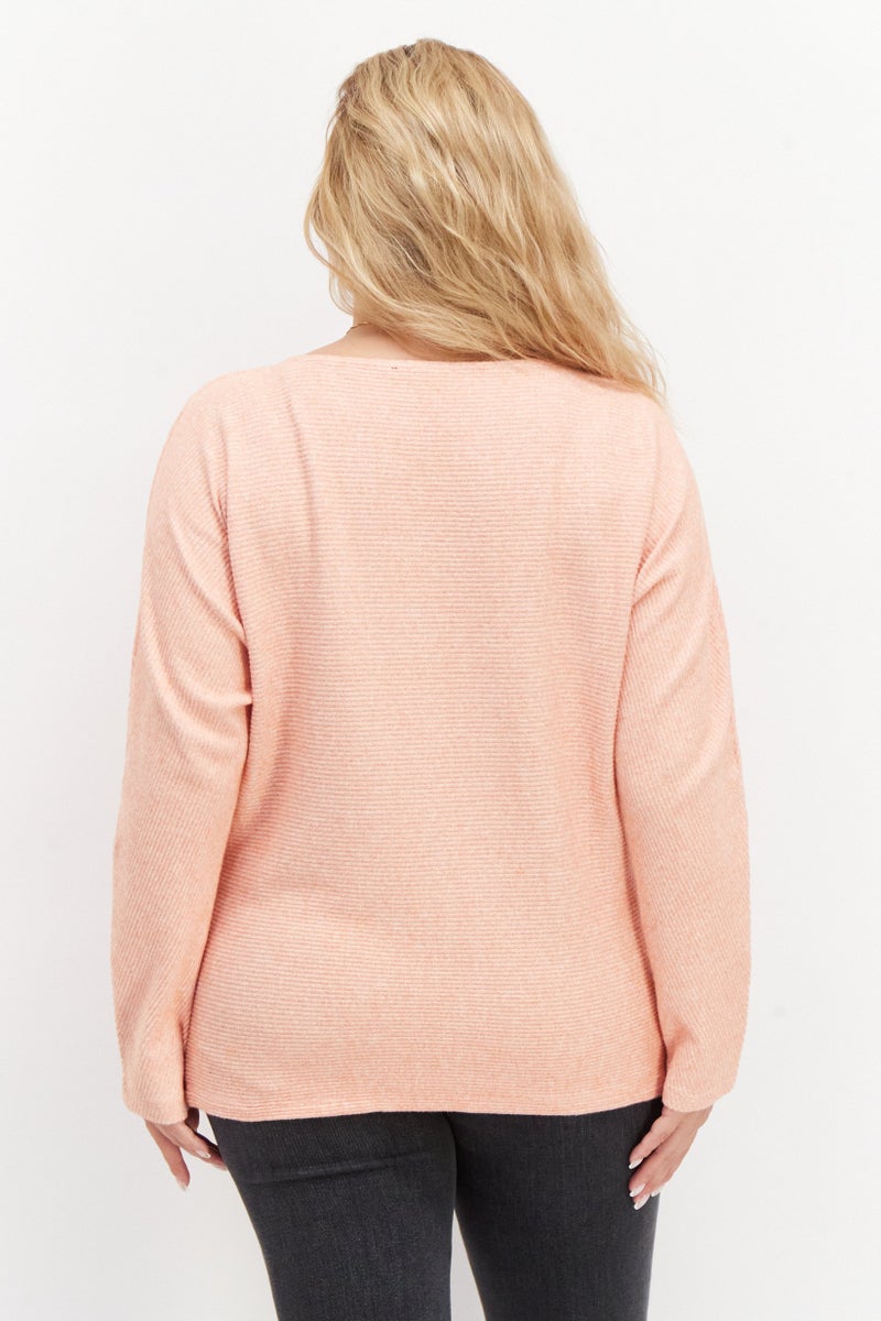 Zero Women Round Neck Long Sleeve Ribbed Sweater, Orange - Image 2