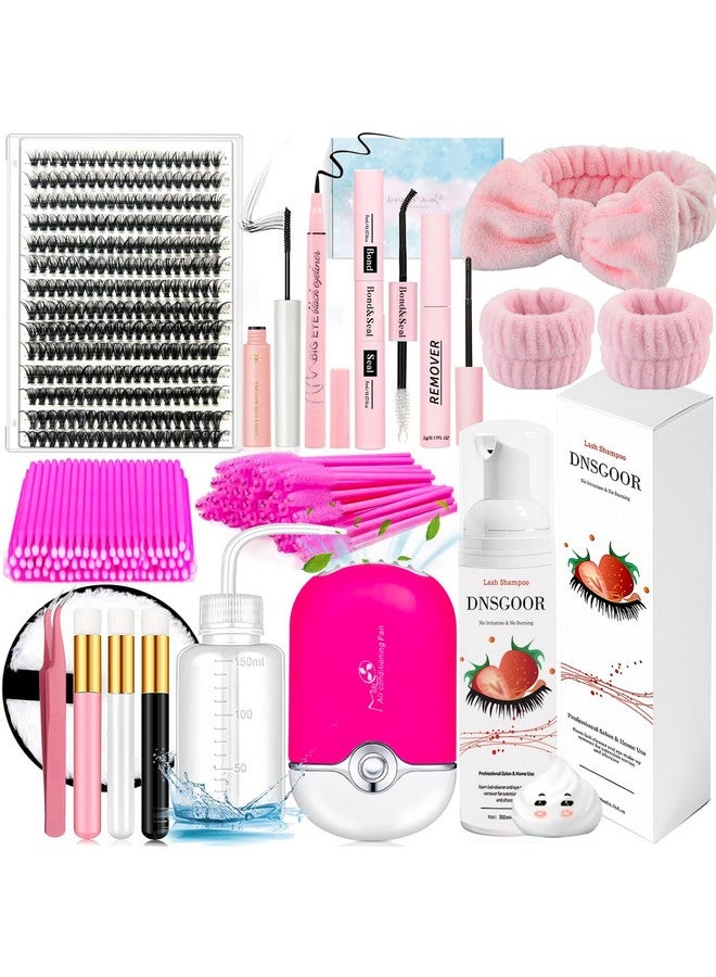 DNSGOOR Diy Lash Extension Kit With 280 Pcs 9-16Mm 40D Lashes Clusters 200Ml/6.7Fl.Oz Lash Cleanser Eyelash Shampoo Mini Usb Portable Lash Fan Bond And Seal Remover Eyeliner Eyelid Cleaning Brush - Image 1