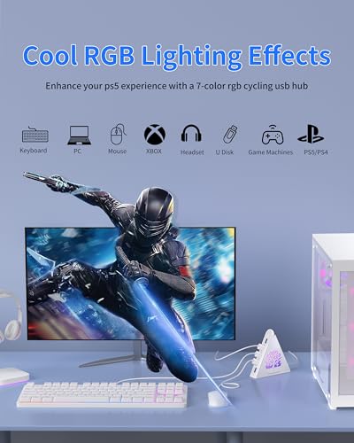 JoyReken 7-Port USB 3.0 Hub, White Vertical USB Hub Splitter with Tree-Shaped RGB Lighting, 5Gbps High-Speed Transfer, 2FT Extension Cable, Compatible with PC, MacBook, Laptop, Flash Drive, Printer - Image 3