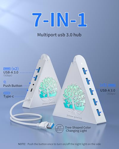 JoyReken 7-Port USB 3.0 Hub, White Vertical USB Hub Splitter with Tree-Shaped RGB Lighting, 5Gbps High-Speed Transfer, 2FT Extension Cable, Compatible with PC, MacBook, Laptop, Flash Drive, Printer - Image 2