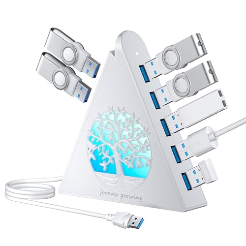 JoyReken 7-Port USB 3.0 Hub, White Vertical USB Hub Splitter with Tree-Shaped RGB Lighting, 5Gbps High-Speed Transfer, 2FT Extension Cable, Compatible with PC, MacBook, Laptop, Flash Drive, Printer - Image 1