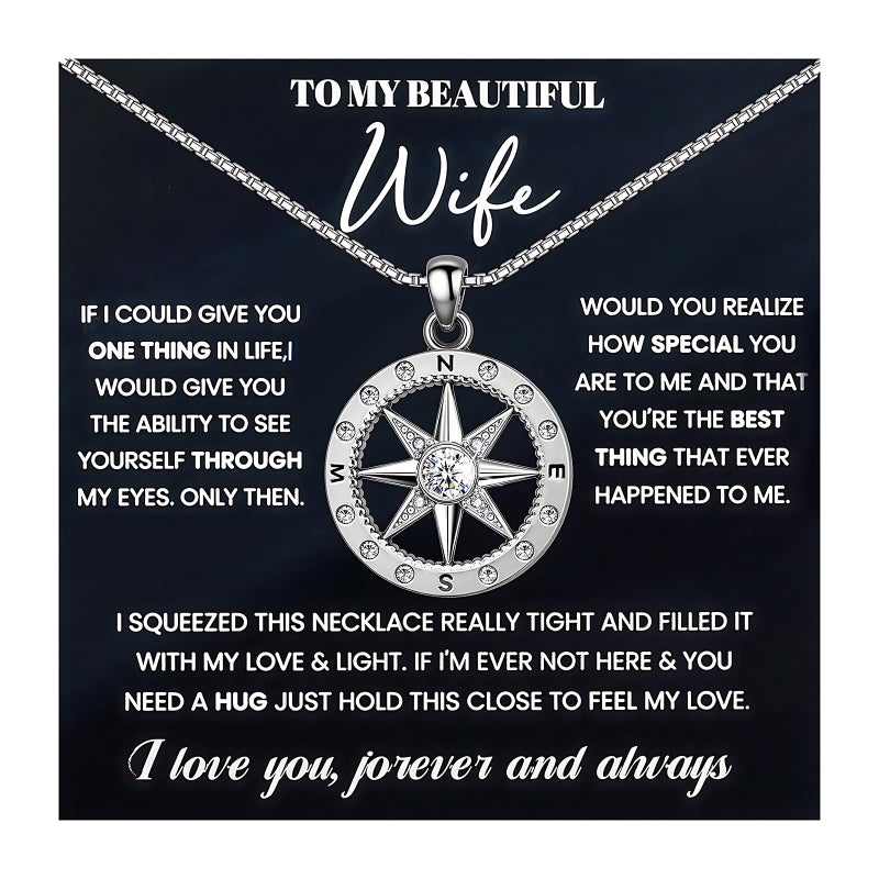 Desimtion To My Wife Necklace with Heartfelt Card, Compass Necklace for Women, Romantic Jewelry Gifts for Wife from Husband as Birthday, Anniversary, Christmas, Mothers Day, Valentines Gifts for Her - Image 1