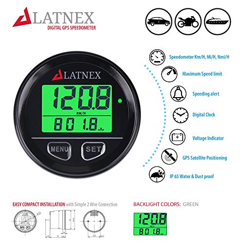 LATNEX SP-GPS95 Universal Digital GPS Speedometer Waterproof. Displays Speed(MPH/KMH), Distance Traveled and Time - Suitable for ATV UTV-Marine-Boats-Motorcycle- Automobile Motor Vehicle Bikes (Black) - Image 2