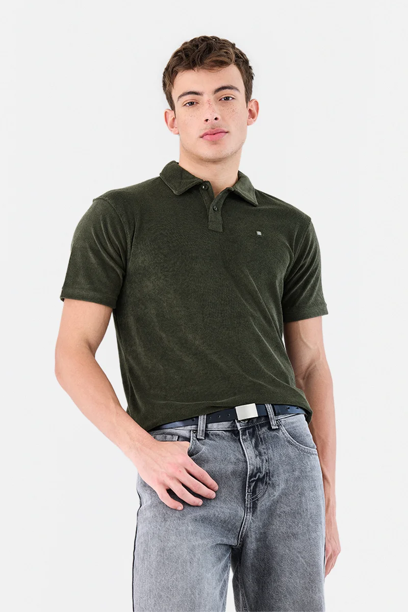 Olive Solid Short Sleeve Regular Fit Casual T-Shirt