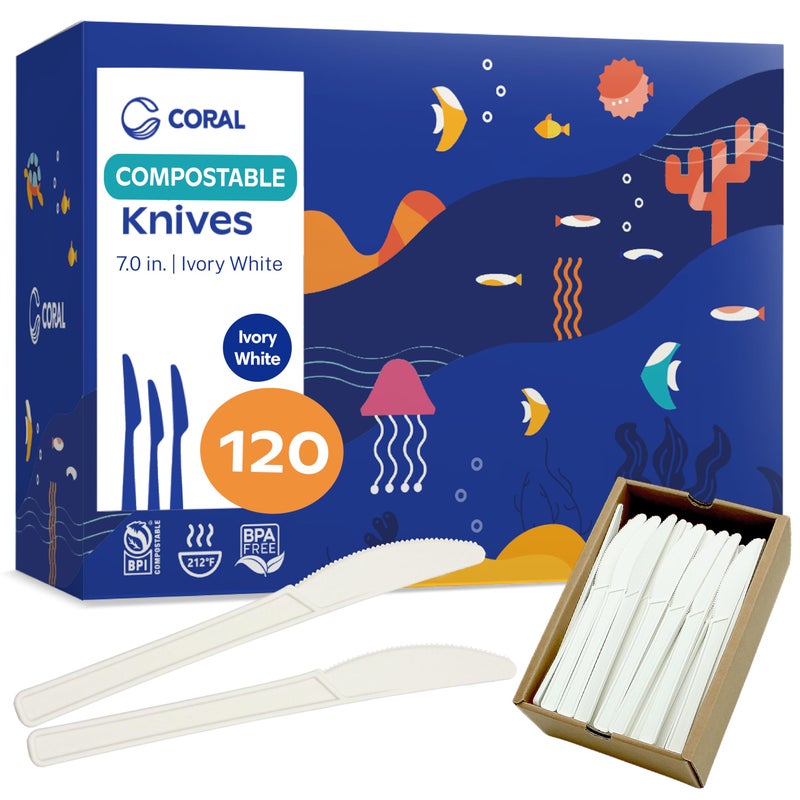 Coral CORAL Ivory White 100% Compostable Knives - 120 Heavy Duty No Plastic Knives (7.0 inch) - Break-Resistant with Smooth Edges  Eco-Friendly Alternative to Plastic Silverware - Biodegradable & Disposable Knives  - Image 1