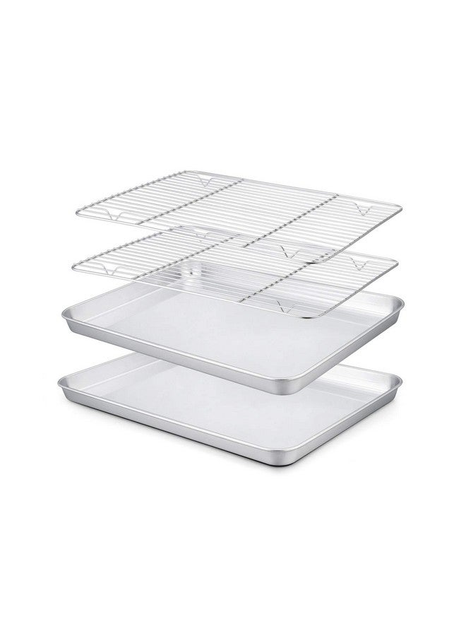 TeamFar 10.5’’ x 8’’ x 1’’ Toaster Oven Pan with Rack Set, Small Baking Pans Tray Stainless Steel with Cooling Rack Set of 4, Non-Toxic & Heavy Duty, Mirror Finish & Dishwasher Safe - Image 1