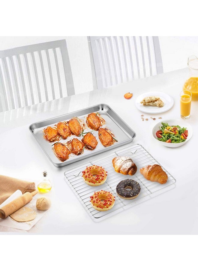 TeamFar 10.5’’ x 8’’ x 1’’ Toaster Oven Pan with Rack Set, Small Baking Pans Tray Stainless Steel with Cooling Rack Set of 4, Non-Toxic & Heavy Duty, Mirror Finish & Dishwasher Safe - Image 3