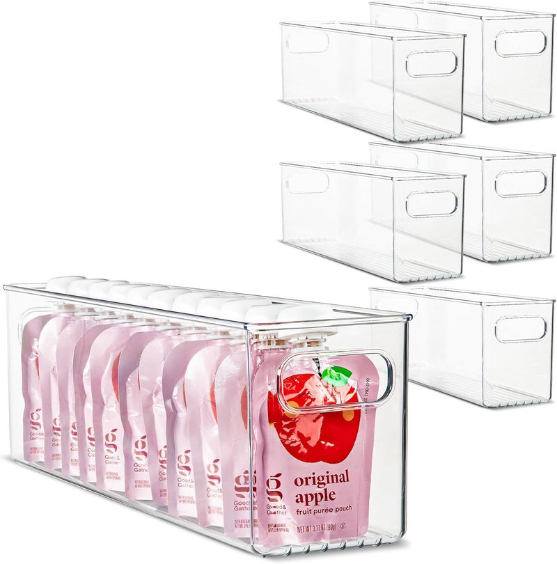 PrimeBox Plastic Food Storage 6 Pack Clear Container Bin with Handles for Organizing Kitchen, Pantry, Refrigerator, Freezer, Pantry, Cabinet, Closet, Bathroom. 14”x4”x5” - Image 1
