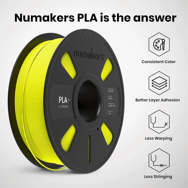 NUMAKERS PLA+ 3D Printer Filament, 1.75mm, Dimensional Accuracy +/- 0.03 mm, 1 kg Spool (2.2 lbs), Compatible with Most FDM Printers (Fluorescent Yellow) - Image 4